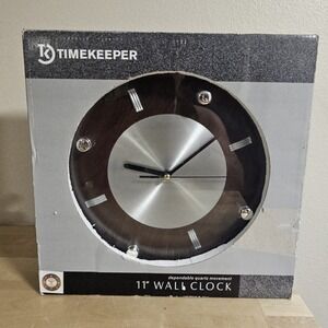Timekeeper‎ 6014 10.5" Round Dark Wood Silver Dial Wall Clock, New!